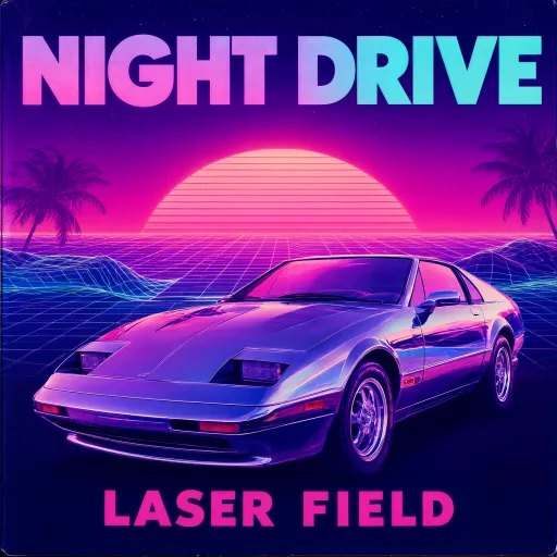 80s album cover sample: neon grid sunset with a chrome car