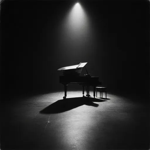 Black-and-white album cover sample: piano under a spotlight