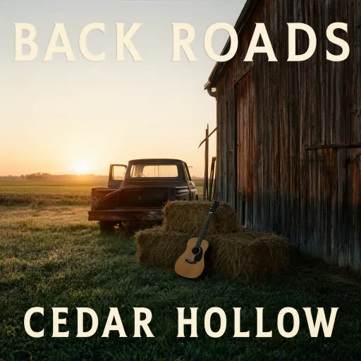 Country album cover sample: barn and pickup truck at sunrise